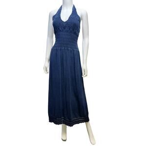 SEASPICE Resortwear Smocked Crochet  Halter Dress Peruvian Cotton Indigo Blue L